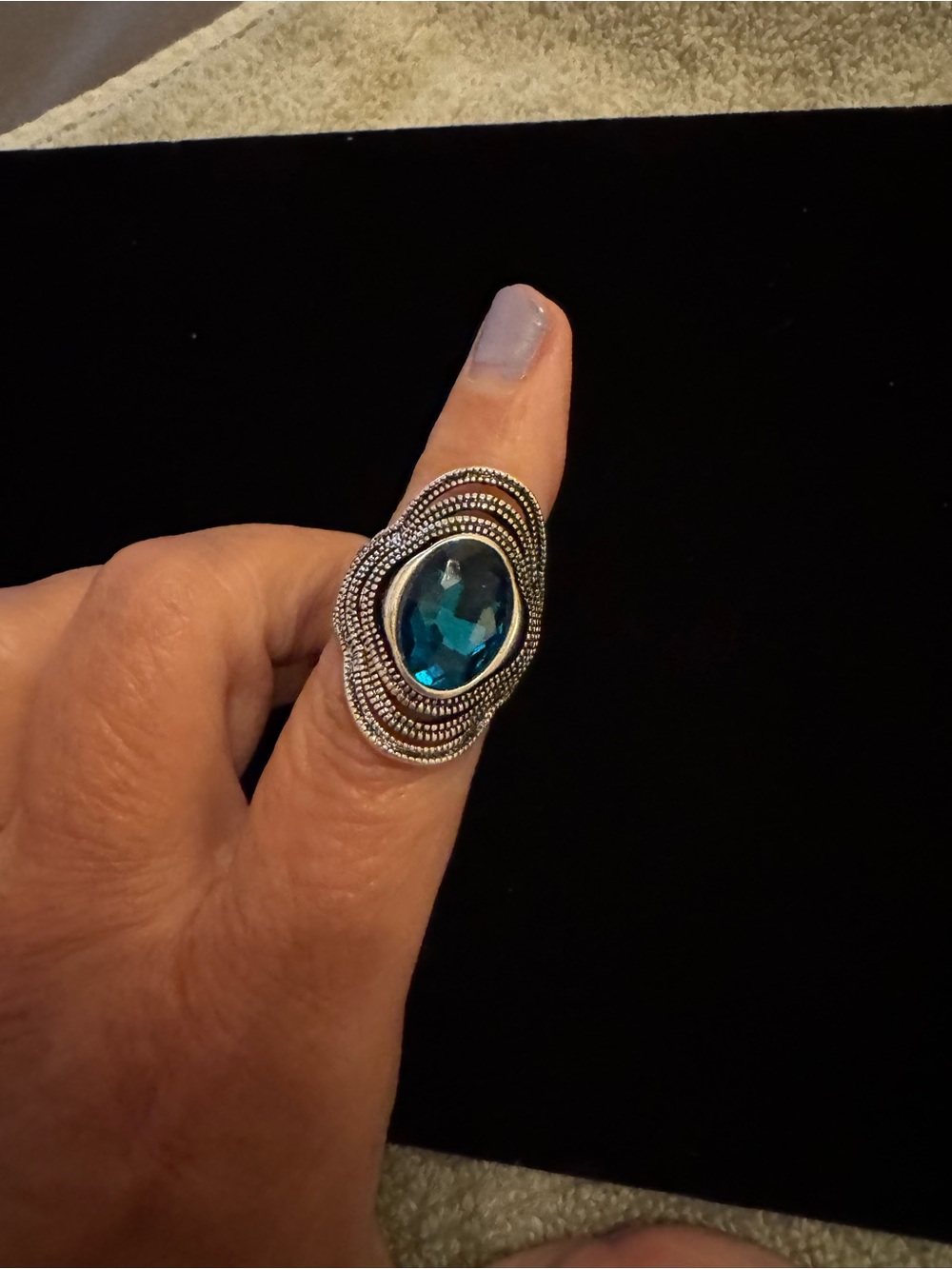 Silver-Tone Ring with Blue Gemstone